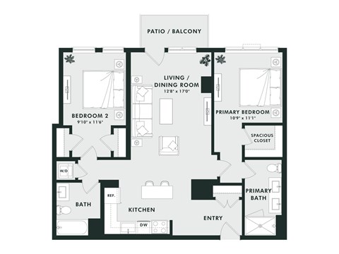 A floor plan of a house with a living room, two bedrooms, a bathroom, a kitchen, and a spacious closet.